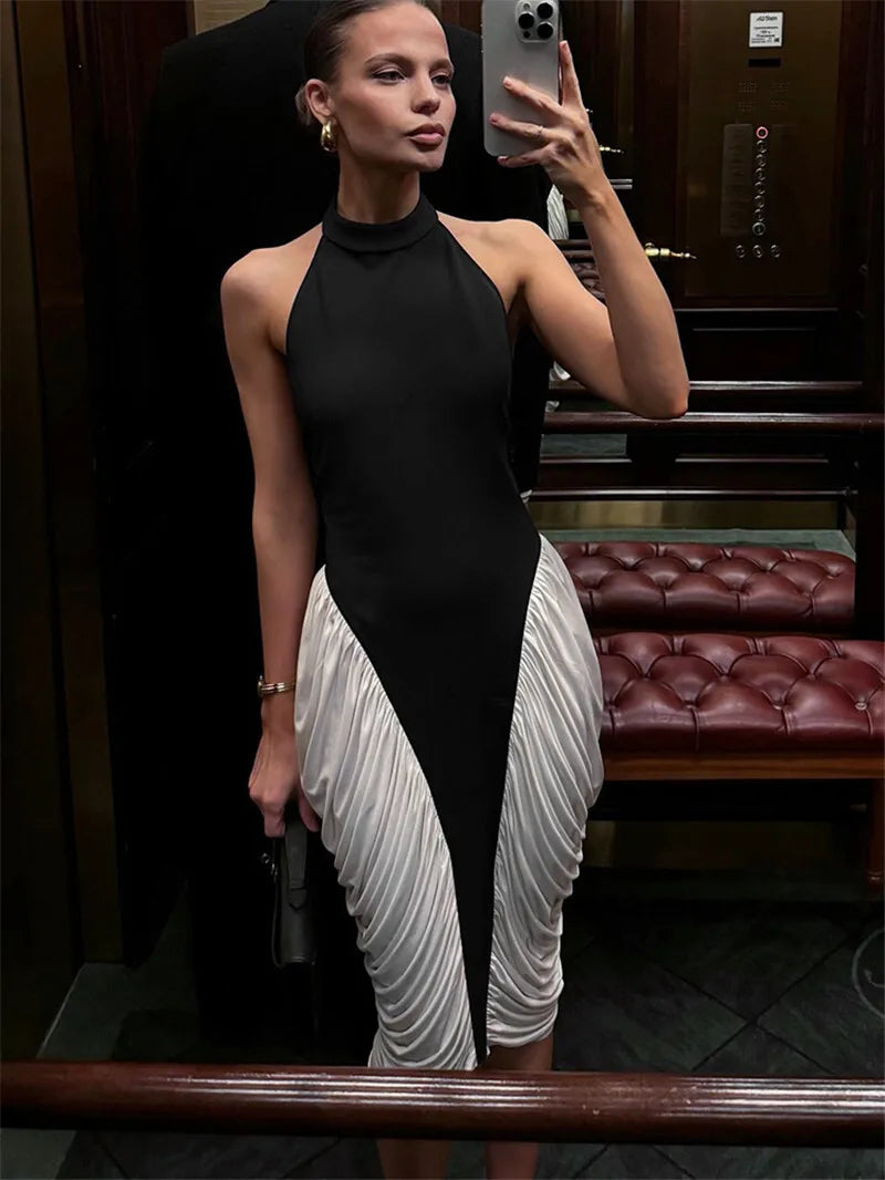 Patchwork Halter Backless Sexy Midi Dress Women Gown Elegant Fashion Contrast Color Sleeveless Pleated Long Dress