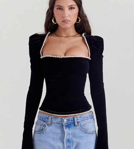 Square Collar Backless Bandage Sexy T-shirt Women Autumn Winter New Black Shoulder Pad Sleeve Skinny Sexy Party Tops