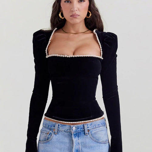Load image into Gallery viewer, Square Collar Backless Bandage Sexy T-shirt Women Autumn Winter New Black Shoulder Pad Sleeve Skinny Sexy Party Tops

