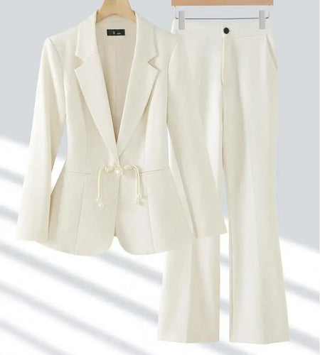 Women Black Beige Two Pieces Set 2024 Chinese Style Pink Office Temperament Short Blazer Tops And High Waist Wide Legs Pant Suit