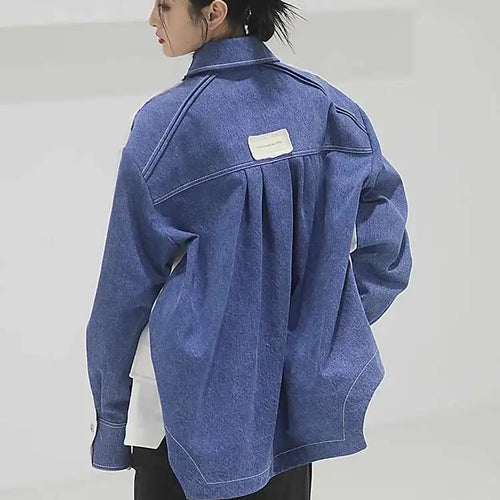 Load image into Gallery viewer, White Color-bock Denim Burr Big Size Jacket New Lapel Long Sleeve Women Coat Fashion Tide Spring Autumn 2025 1DF302400
