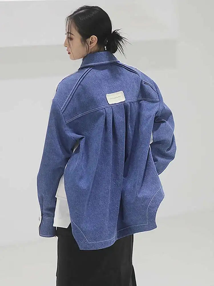 White Color-bock Denim Burr Big Size Jacket New Lapel Long Sleeve Women Coat Fashion Tide Spring Autumn 2025 1DF302400