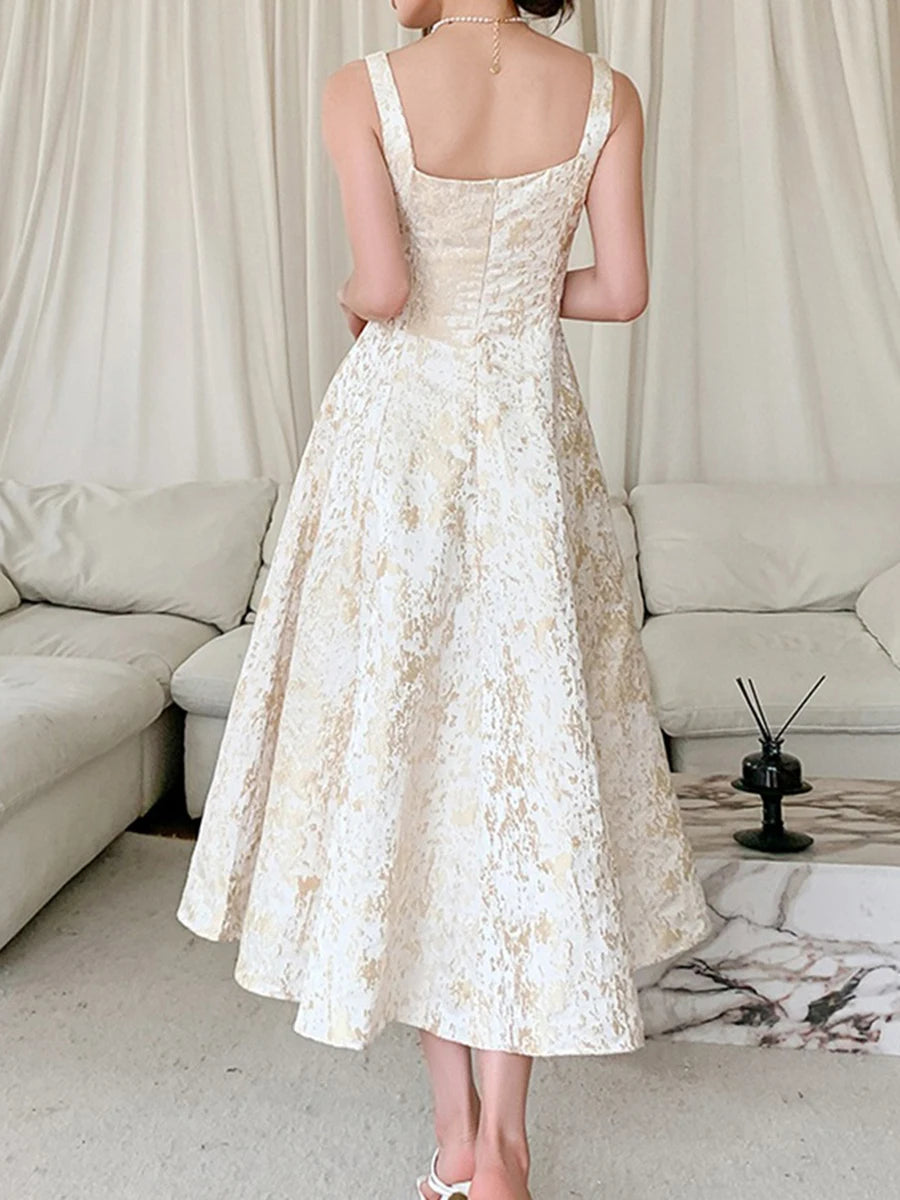 Solid Spliced Slimming Dresses For Women Square Neck Sleeveless High Waist Temperament Dress Female Fashion Style