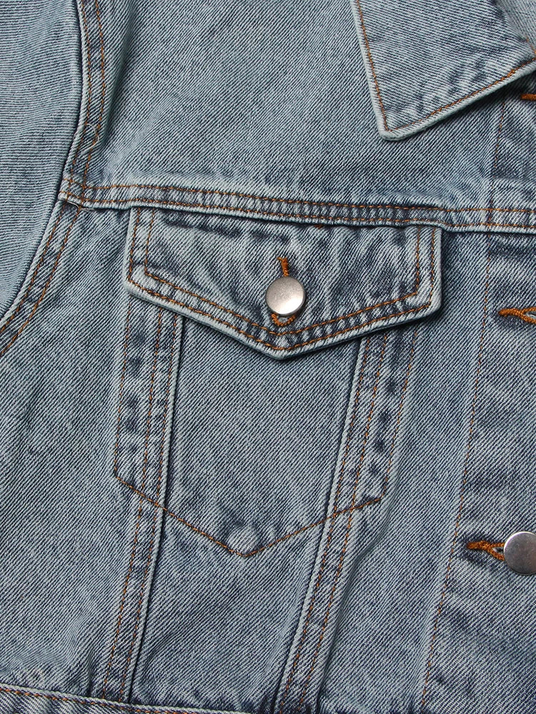 Patchwork Belt Casual Denim Jackets For Women Lapel Long Sleeve Spliced Single Breasted Minimalist Short Jacket Female