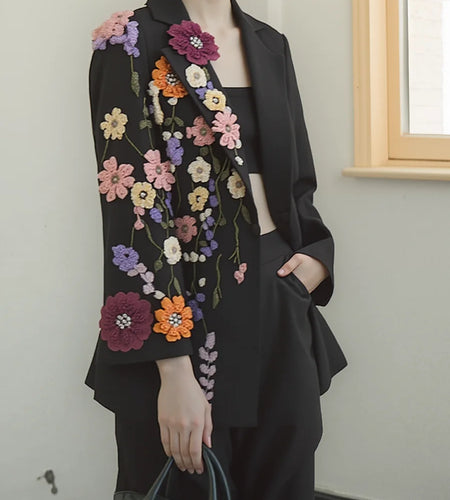 Hit Color Spliced Appliques Fashion Blazers for Women Lapel Long Sleeves Patchwork Bead Temperament Blazer Female