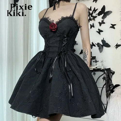 Load image into Gallery viewer, Black Jacquard Cami Dresses for Women Halloween Lolita Gothic Clothes V Neck Bandage A Line Mini Dress P80-DH21
