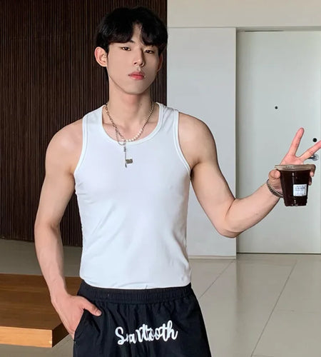 Minimalist Men's Tank Tops Slim Metal Design Causal Round Collar Sleeveless Male Tops Solid Color Trend Summer 9C6773