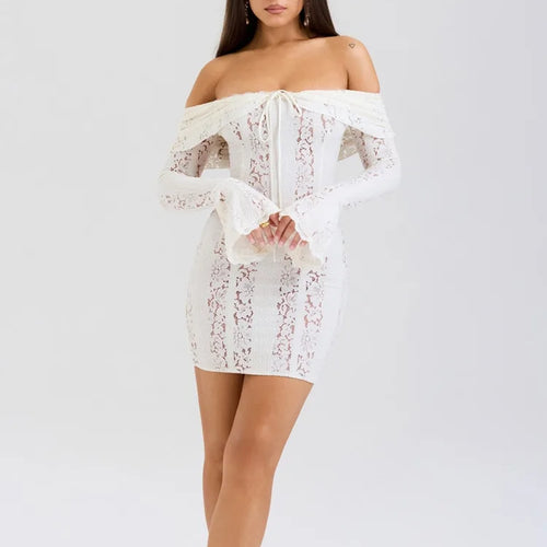 Load image into Gallery viewer, Sexy Lace Patchwork Long Sleeved Tight Mini Skirt Women Bodycon Hollow Lace Up Flared Sleeve Fashion Party Club Dress
