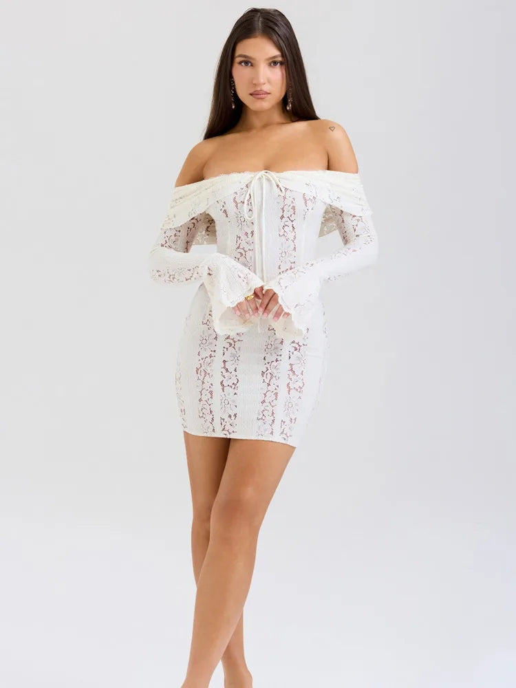 Sexy Lace Patchwork Long Sleeved Tight Mini Skirt Women Bodycon Hollow Lace Up Flared Sleeve Fashion Party Club Dress