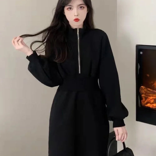 Load image into Gallery viewer, Korean Style Oversize Sport Dress Women School Casual Wrap Zip Long Sleeve Loose Mini Short Dresses Autumn
