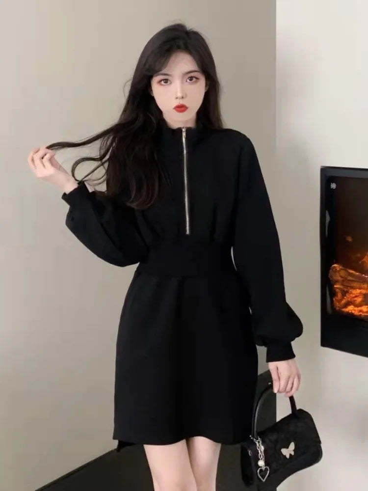 Korean Style Oversize Sport Dress Women School Casual Wrap Zip Long Sleeve Loose Mini Short Dresses Autumn