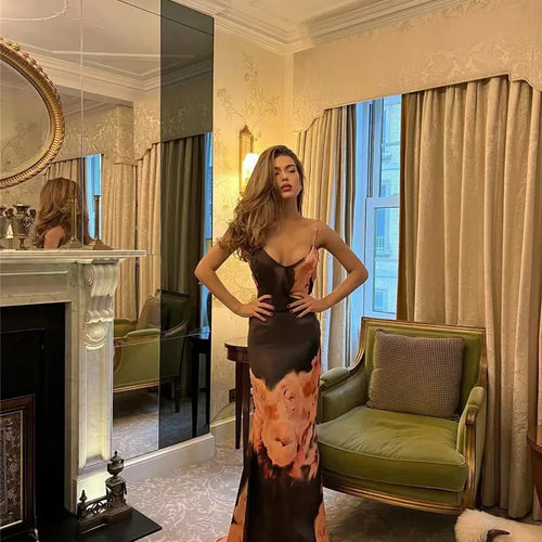 Load image into Gallery viewer, Satin Floral Print Sexy Maxi Dress Women Gown Elegant Spaghetti Strap Sleeveless Backless Bodycon Evening Club Dress
