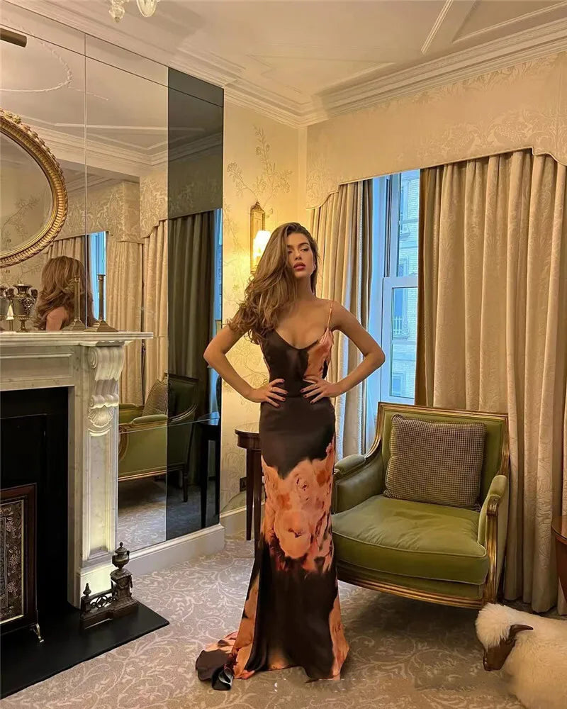 Satin Floral Print Sexy Maxi Dress Women Gown Elegant Spaghetti Strap Sleeveless Backless Bodycon Evening Club Dress