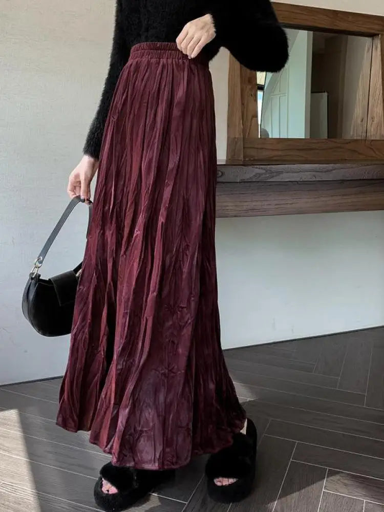 Autumn Winter Women's Black Red Elastic High Waist Velvet Skirt Korean Version Brown Elegant Vacation Party Pleated Long Skirts