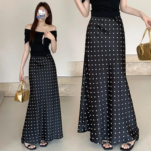 Load image into Gallery viewer, Spring Summer Vintage Black Beige Polka Dot Fishtail Long Skirts Women High Waist Slim Vacation Wrapped Hip Skirt Korean Fashion
