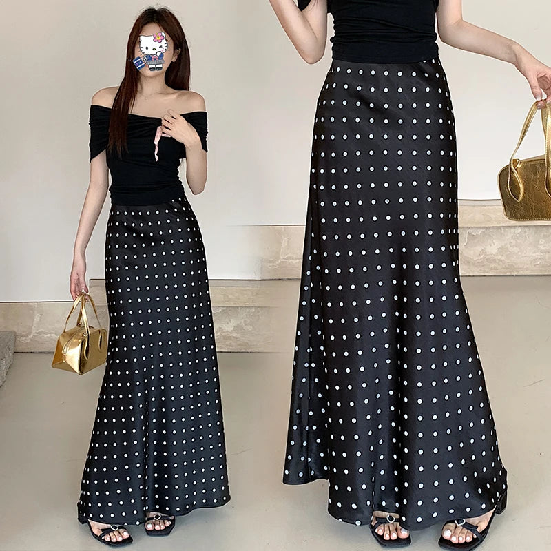 Spring Summer Vintage Black Beige Polka Dot Fishtail Long Skirts Women High Waist Slim Vacation Wrapped Hip Skirt Korean Fashion
