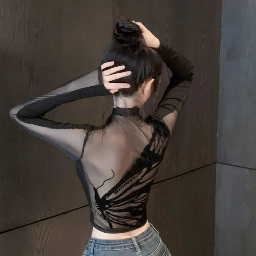 Load image into Gallery viewer, Half Turtleneck Sweet Y2k Aesthetic T-shirt Harajuku Gauze Butterfly Design Women Crop Top New Vintage Sexy Streetwear Slim Tees
