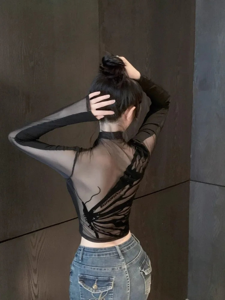 Half Turtleneck Sweet Y2k Aesthetic T-shirt Harajuku Gauze Butterfly Design Women Crop Top New Vintage Sexy Streetwear Slim Tees