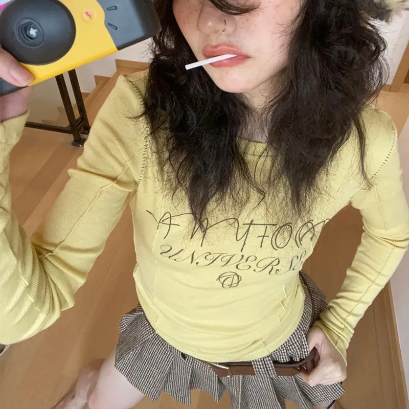 Y2k Aesthetics Yellow T-shirt 2000s Japanese Harajuku Tee Shirt Grunge Letter Print Long Sleeve Tshirt E-girl Streetwear