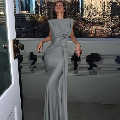 Load image into Gallery viewer, Sleeveless Ruched Sexy Maxi Dress For Women Gown Fashion Solid O Neck High Waist Bodycon Club Long Dress Vestido
