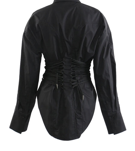 Women White Bandage Pleated Irregular Big Size Blouse New Lapel Long Sleeve Shirt Fashion Tide Spring Autumn 2025 1DJ0341