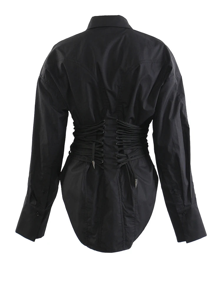 Women White Bandage Pleated Irregular Big Size Blouse New Lapel Long Sleeve Shirt Fashion Tide Spring Autumn 2025 1DJ0341