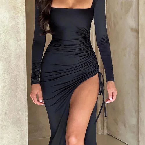 Load image into Gallery viewer, Long Sleeve Ruched High Split Maxi Dress Women Square Collar Drawstring Bodycon Sexy Party Long Dress Elegant Autumn
