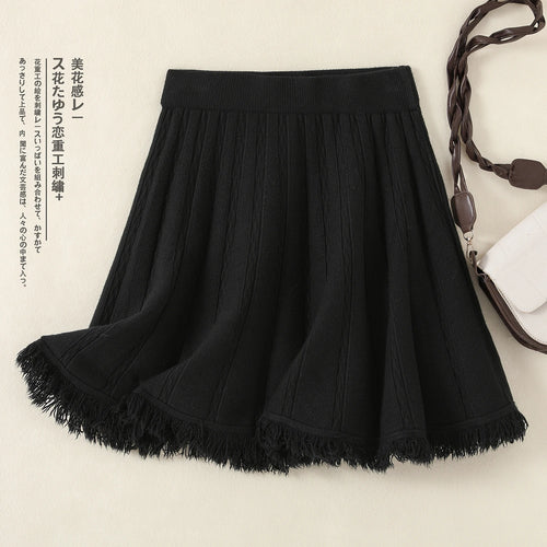 Load image into Gallery viewer, Korean Fashion Autumn Winter Women Solid Tassels Holiday Knitted Short Skirt Vintage High Waist A-line Pleated Half Skirts 2024
