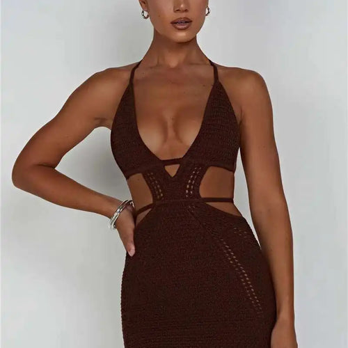 Load image into Gallery viewer, Hollow Out Halter Sexy Mini Dress Women Summer New Sleeveless Backless Skinny Club Party Knit Tank Dress Vestido
