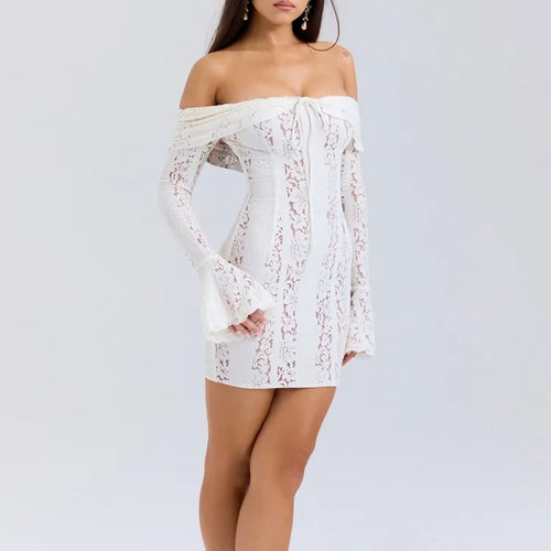 Load image into Gallery viewer, Sexy Lace Patchwork Long Sleeved Tight Mini Skirt Women Bodycon Hollow Lace Up Flared Sleeve Fashion Party Club Dress
