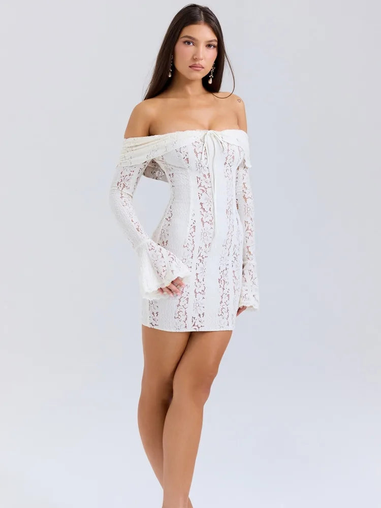 Sexy Lace Patchwork Long Sleeved Tight Mini Skirt Women Bodycon Hollow Lace Up Flared Sleeve Fashion Party Club Dress