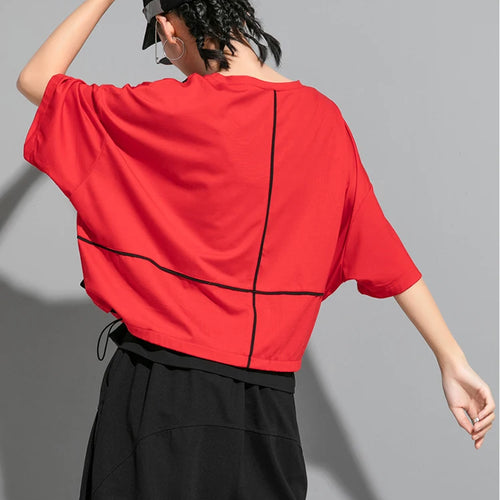 Load image into Gallery viewer, Women Red Pocket Split Joint Big Size T-shirt New Round Neck Three-quarter Sleeve Fashion Tide Spring Summer 2025 1U622
