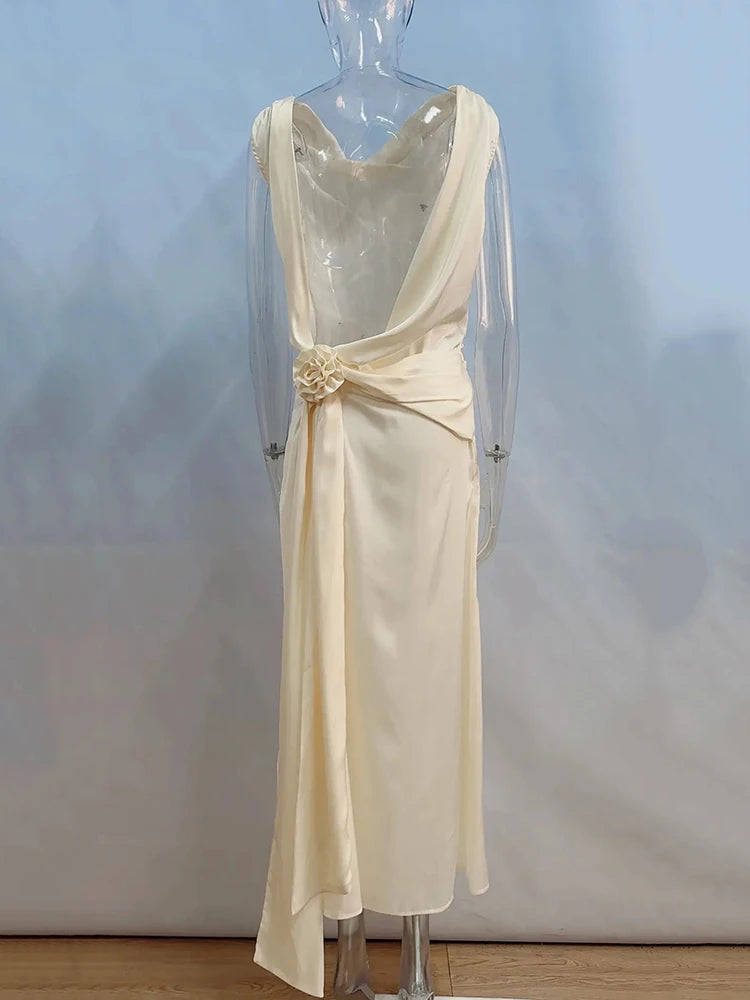 Satin Backless Sexy Maxi Dress For Women Elegant Rose Thigh High Split Beach Holiday Long Dress Gorgeous Club Gown