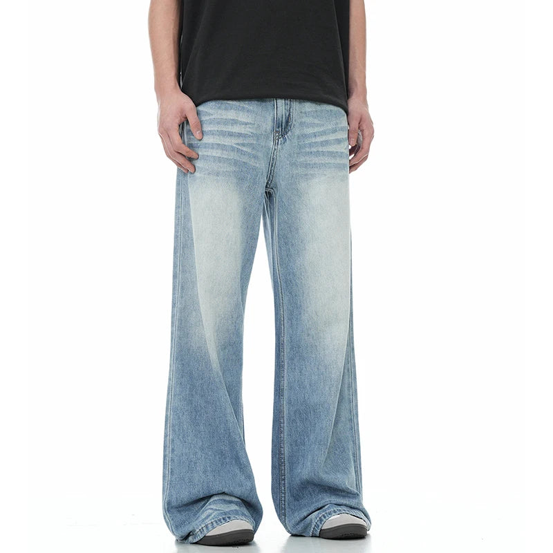 Men's Jeasn New High Street American Style Gradient Color Washed Trendy Loose Straight Leg Denim Pants Summer 9W1730