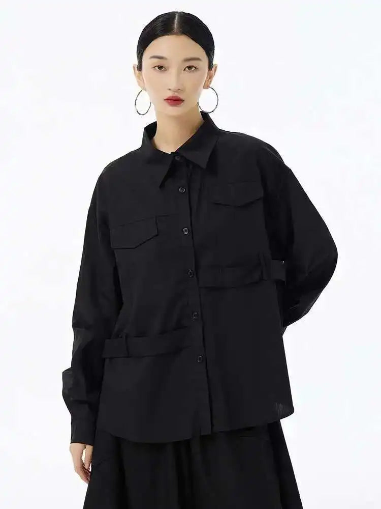 Women White False Pocket Big Size Casual Blouse New Lapel Long Sleeve Shirt Fashion Tide Spring Autumn 2025 1DH6683