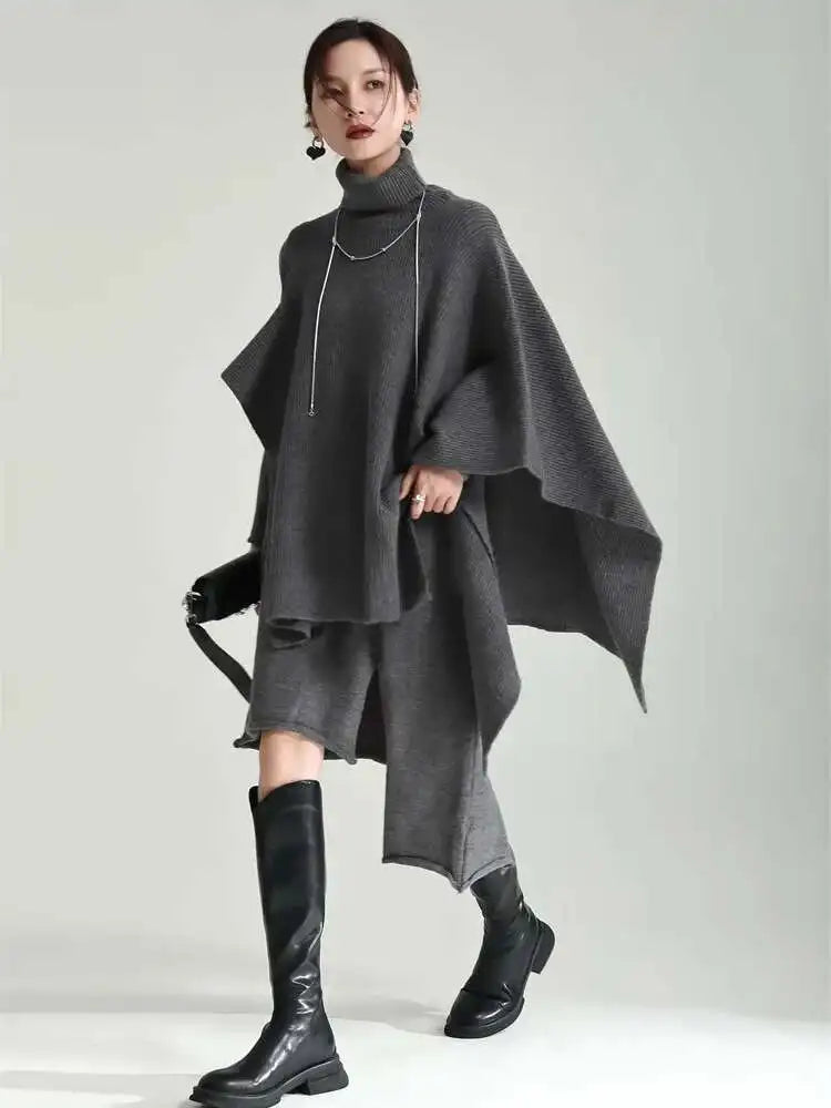 Women Gray Irregular Design Knitting Dress New Turtleneck Long Sleeve Loose Fit Fashion Tide Spring Autumn 2025 1DF2618