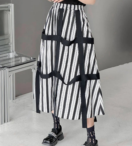 High Elastic Waist Striped Ribbons Long A-line Casual Half-body Skirt Women Fashion Tide New Spring Autumn 2025 1DH8206