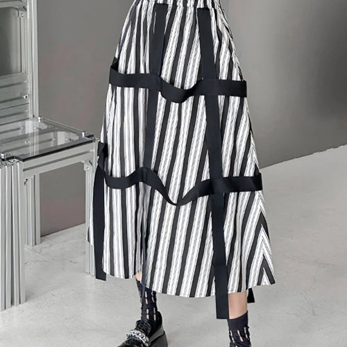 Load image into Gallery viewer, High Elastic Waist Striped Ribbons Long A-line Casual Half-body Skirt Women Fashion Tide New Spring Autumn 2025 1DH8206
