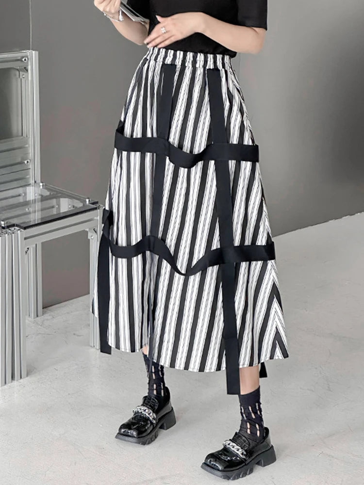High Elastic Waist Striped Ribbons Long A-line Casual Half-body Skirt Women Fashion Tide New Spring Autumn 2025 1DH8206