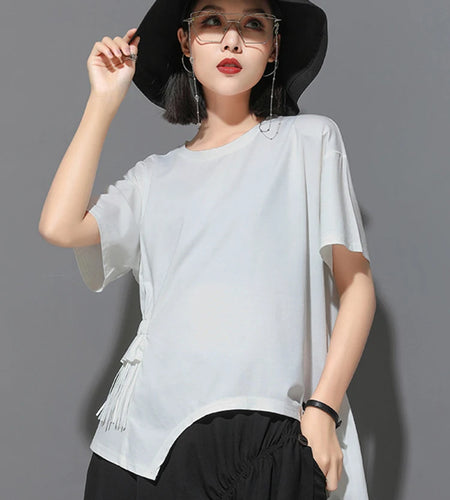 Women White Irregular Tassels Big Size Casual T-shirt New Round Neck Short Sleeve Fashion Tide Spring Summer 2025 1DJ1759