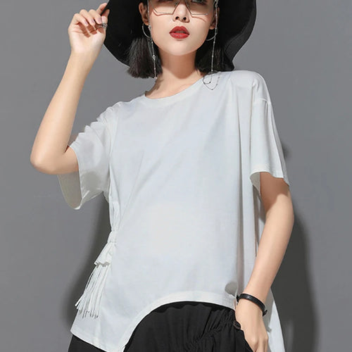 Load image into Gallery viewer, Women White Irregular Tassels Big Size Casual T-shirt New Round Neck Short Sleeve Fashion Tide Spring Summer 2025 1DJ1759
