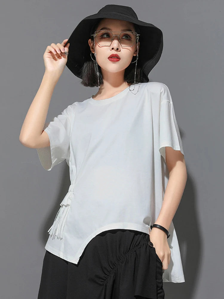 Women White Irregular Tassels Big Size Casual T-shirt New Round Neck Short Sleeve Fashion Tide Spring Summer 2025 1DJ1759