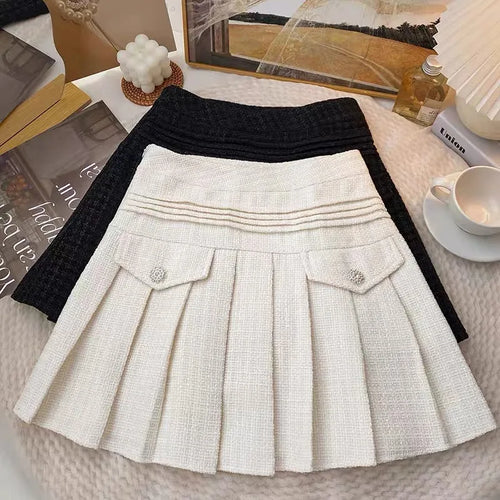 Load image into Gallery viewer, Solid Sexy Club Tweed Pleated Short Skirts For Women High Waist Slim Skirts Autumn Winter 2023 Wool Mini Skirt Korean Versatile
