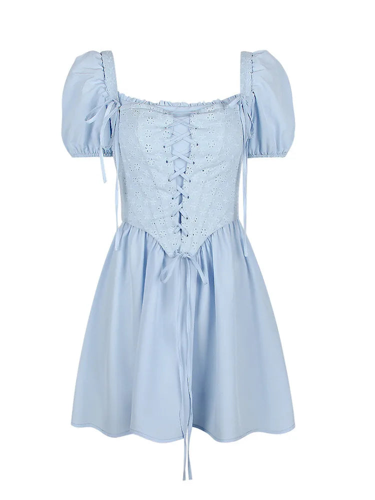 Fashion New Product Bubble Sleeves Square Neck Dress Slim Lace Up Princess Dress Two Piece Set Elegant Sweet Female Set