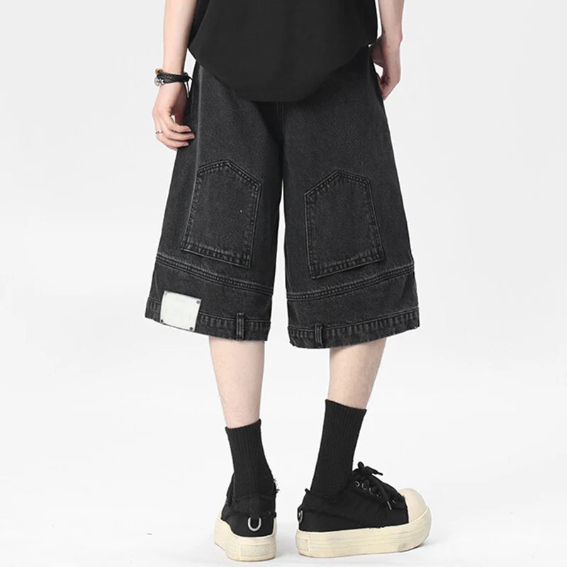 Men's Denim Shorts New American Personalized Straight Wide Leg Male Short Jeans Summer High Street Men Clothing 9W1670