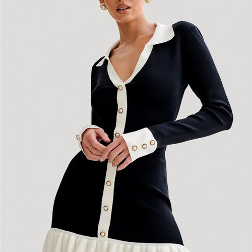 Load image into Gallery viewer, Long Sleeve Ruffled Knit Mini Dress For Women Autumn New V Neck Pearl Single-breasted Bow Bandage Knitted Dress Elegant
