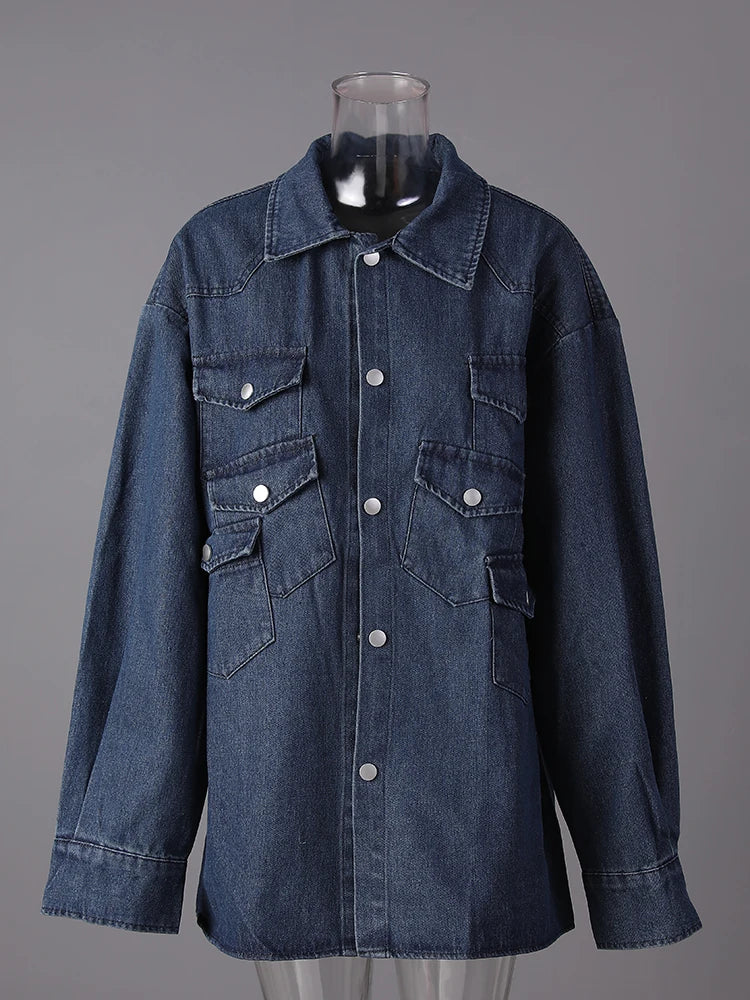 Blue Pockets Denim Big Size Casual Jacket New Lapel Long Sleeve Women Coat Fashion Tide Spring Autumn 2025 12C2135