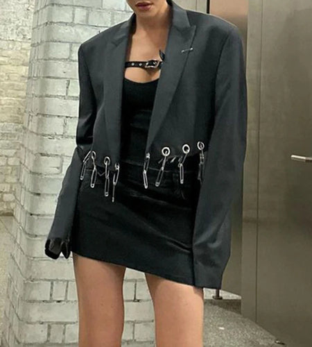 Fashion Design Black Blazer Jacket Cropped Cardigan Elegant Eyelet Pins Autumn Coat Female Punk Grunge Chic Jackets