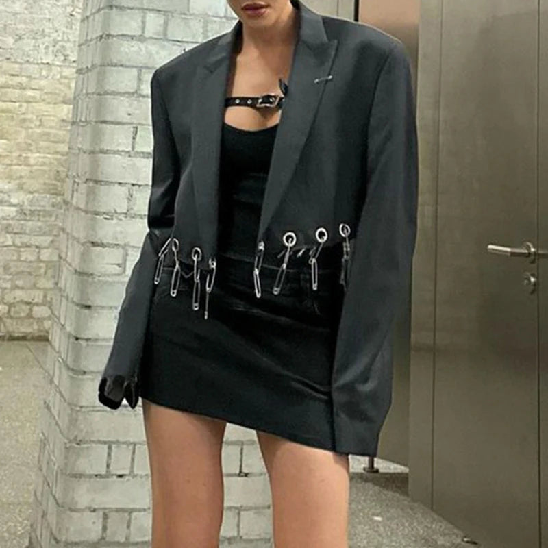 Fashion Design Black Blazer Jacket Cropped Cardigan Elegant Eyelet Pins Autumn Coat Female Punk Grunge Chic Jackets