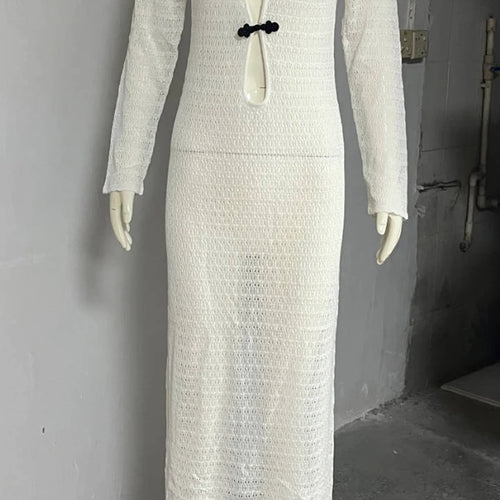 Load image into Gallery viewer, Hollow Out Knit Sexy Maxi Dress Women Fashion See Through Smock Dress Elegant Long Sleeve Backless Fishtail Dress
